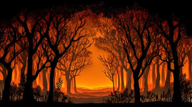 Silhouetted bare trees line a pathway glowing with intense orange light
