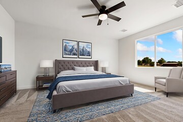 A cozy bedroom featuring a comfortable bed, a television, and a ceiling fan