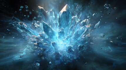 Intense blue crystalline structure radiates brilliant light amidst a chaotic burst of fragments