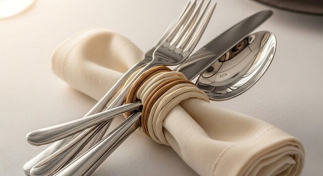 Elegant silverware neatly rolled within a soft linen napkin ready for a formal dining experience