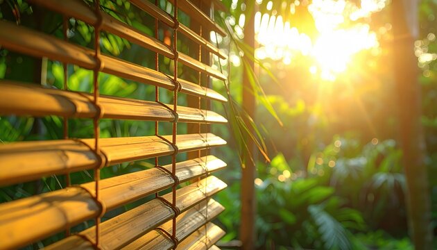 Bamboo blinds allowing sunlight to shine through tropical foliage - Powered by Adobe