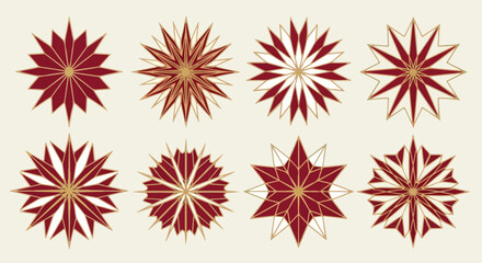 Starburst shapes in red and gold, decorative elements