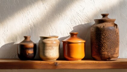 Ceramic jars displayed on a rustic wooden shelf