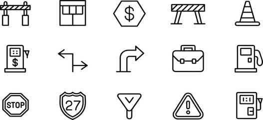 Road sign and traffic control line icons set, gas station, highway, business, and transportation vector collection