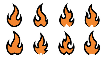 Orange flame icons set with transparent background