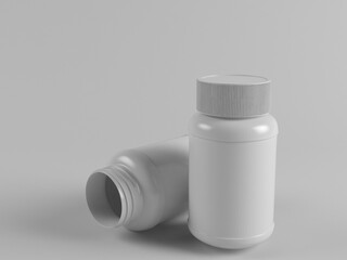 Two white plastic medicine bottles on a light gray background, one standing and one lying on its side with an open lid. Clean and minimal packaging mockup for pharmaceutical, supplement, and healthcar