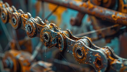 Detailed macro shot of an old rusty bicycle chain