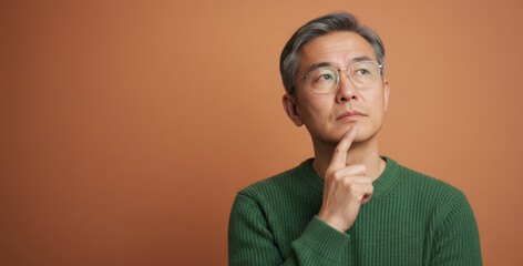 Middle aged man in green sweater thinking against brown background while reflecting deeply about life decisions and future plans, capturing a moment of calm contemplation and emotional maturity.