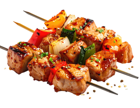 Skewered meat, peppers, & onion kabobs, grilled