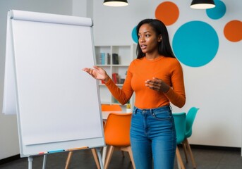 Young Black businesswoman giving a presentation next to a blank flip chart. Female speaker explaining strategy in a modern creative office.