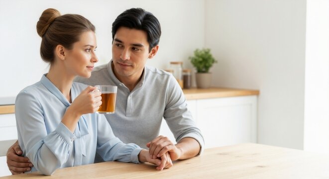 Shared tea ritual — affectionate couple’s romantic kitchen scene