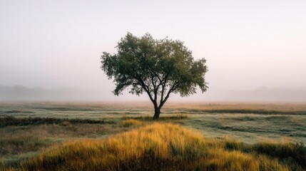 A solitary tree stands in a misty field, with a single yellow flower in the foreground and a misty horizon.