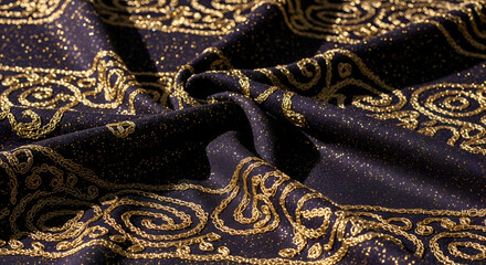 Close-up of a traditional Thai temple fabric texture background featuring an ancient golden architectural carving pattern on a wall