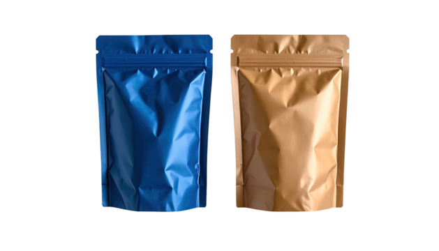 Blue, gold bags stand, shiny metallic look