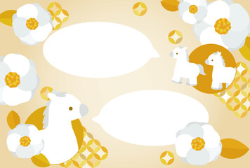 華やかでかわいい白椿と白馬の年賀状 吹き出し