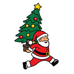 santa claus carry christmas tree on his back