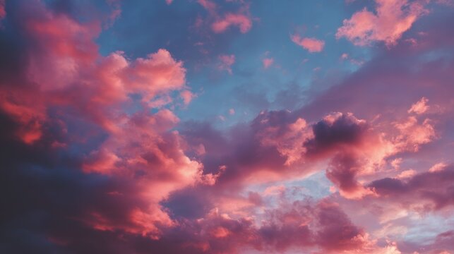 A vibrant sunset sky with pink and blue hues, featuring fluffy clouds and a dramatic contrast between the sky and the earth below. - Powered by Adobe