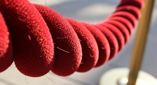 Close up of a coiled red velvet rope used for crowd control or event access with a blurred background