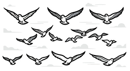 Flying seagulls in sky with clouds