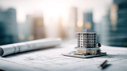 Architectural design concept with a miniature building on blueprint, blurred cityscape in background, representing urban planning and construction. High quality