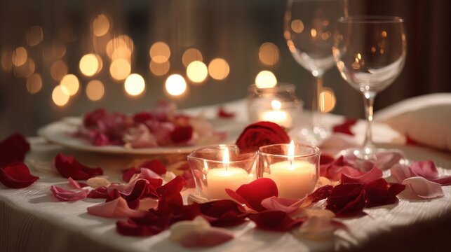 A romantic dinner setting with candles, rose petals, and wine glasses on a table with a soft, dimly lit background.