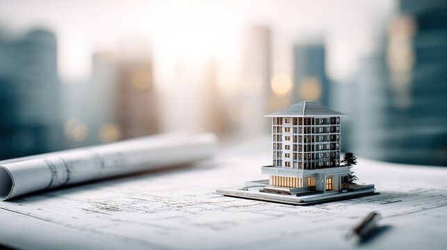 Architectural design concept with a miniature building on blueprint, blurred cityscape in background, representing urban planning and construction. High quality
