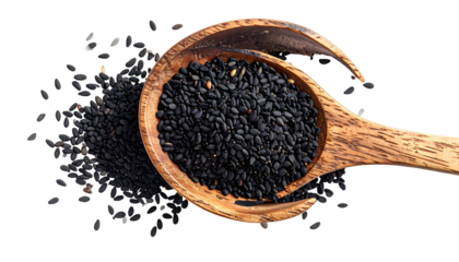 Black sesame seeds in a wooden spoon, top view