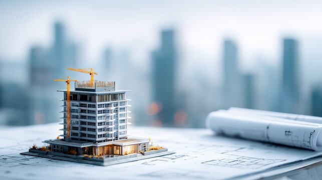 Architectural design concept with a miniature building on blueprint, blurred cityscape in background, representing urban planning and construction. High quality