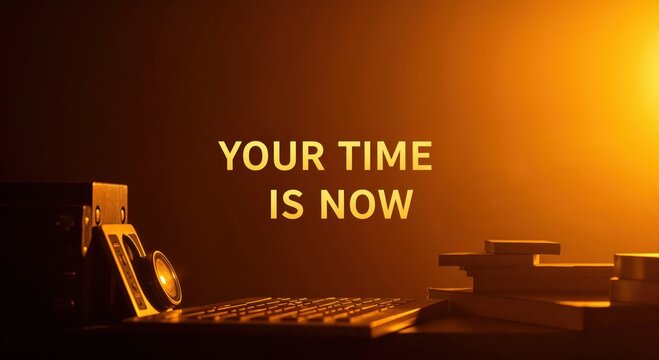 Golden Hour Composition: A vintage typewriter, illuminated in a warm glow, showcases the inspirational message Your Time Is Now -- an invitation to seize the moment 