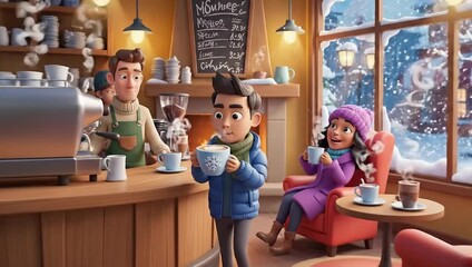 A cozy winter scene in a coffee shop with people enjoying hot drinks.