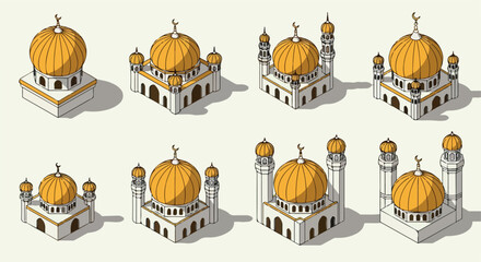 Isometric mosque buildings with golden domes