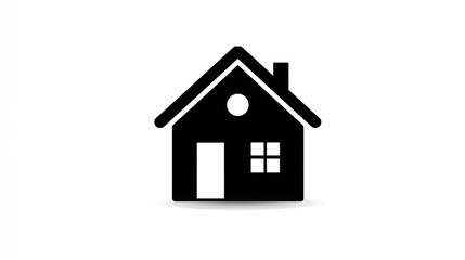 Obraz premium A black and white silhouette of a house with a chimney, a door, and a window, set against a white background with a subtle shadow.