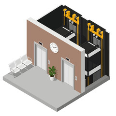 A detailed isometric cross-section displays a modern lobby's serene exterior with waiting chairs while exposing the complex elevator shafts and yellow mechanical gears hidden behind the beige wall © Skyframe