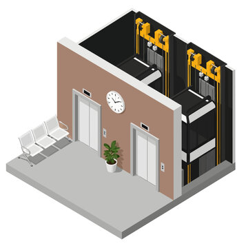 A detailed isometric cross-section displays a modern lobby's serene exterior with waiting chairs while exposing the complex elevator shafts and yellow mechanical gears hidden behind the beige wall