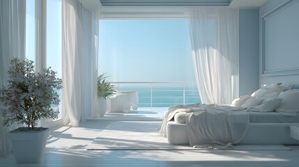 Bright minimalist bedroom features expansive ocean view from floor to ceiling glass doors
