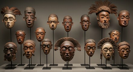 Explore authentic African masks displayed with tribal elegance, showcasing unique cultural artifacts and artistic craftsmanship, perfect for history or art collections