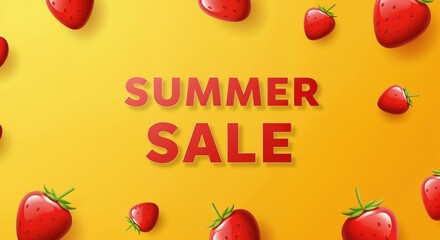 Summer Sale Strawberry: A vibrant, enticing Summer Sale banner, adorned with lush strawberries scattered on a radiant yellow backdrop. Evoking the spirit of summer deals