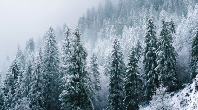 Snow-covered pine trees in a misty forest, with a foggy background and a mix of evergreen and deciduous trees.
