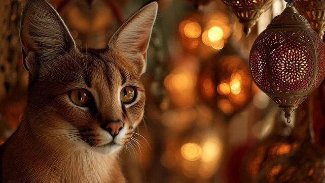 A cat is looking at the camera. The cat is brown. Caracal next to glowing ornaments, warm gentle ambience
