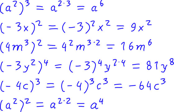 Handwritten algebra examples showing power and exponent rules, featuring step-by-step simplifications of expressions with variables, coefficients, and parentheses.
