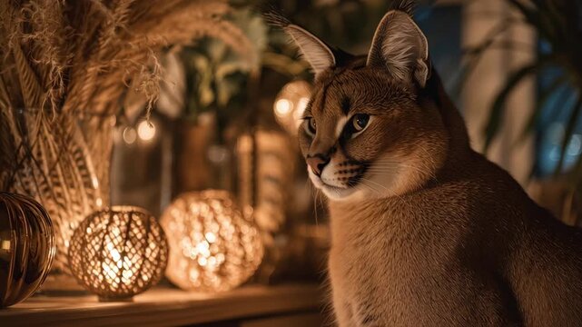 A cat is sitting on a shelf in front of a bunch of candles. The cat is looking at the camera. Caracal next to glowing ornaments, warm gentle ambience