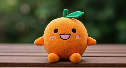 Cheerful Orange Plushie: An adorable plush toy shaped like an orange, exuding warmth and charm with a delightful smile and vibrant colors, resting on a wooden surface.