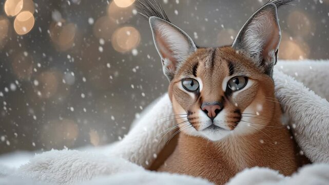 A cat is laying on a white blanket. The cat is brown and has blue eyes. The cat is looking at the camera. Caracal on plush white blanket with snow bokeh