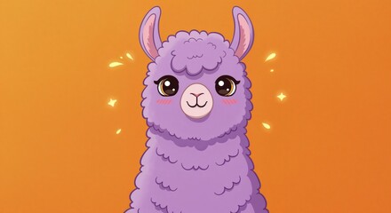 Obraz premium Adorable Llama Portrait: Capturing a charming illustration of a lilac llama with endearing eyes and an inviting aura, radiating joy and cuteness on orange background.