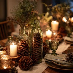A table with pine cones and pine cones