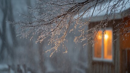 A tree branch with snow on it