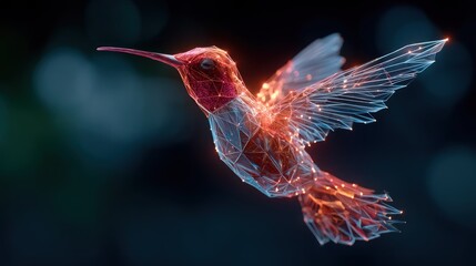 Fototapeta premium A glowing, wireframe hummingbird with red and orange accents, flying against a dark, blurred background with bokeh effects.
