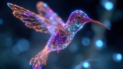 Fototapeta premium A vibrant, abstract hummingbird with glowing, neon lines and a blue, bokeh background, set against a dark, blurred backdrop.