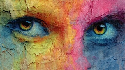 A colorful, textured face with vibrant colors and intricate details, possibly a painting or a photograph of a person's face.