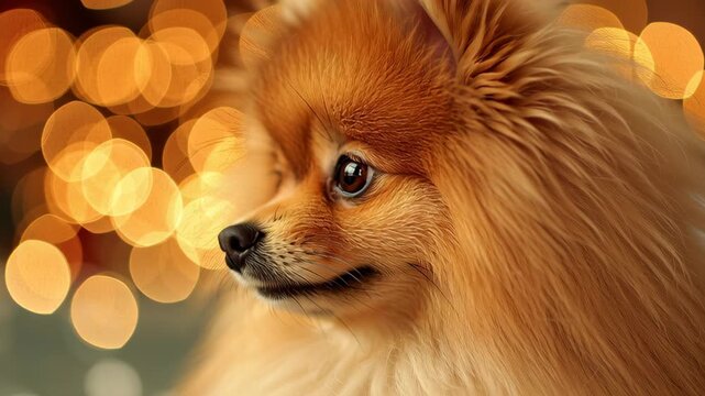 A pomeranian dog with a fluffy coat and a big smile. The dog is looking at the camera. Pomeranian close-up face surrounded by warm glowing bokeh